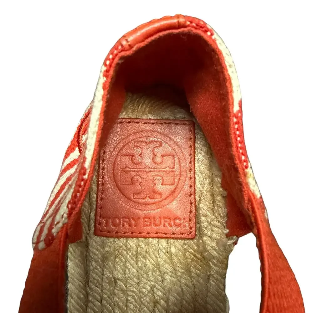 Tory Burch Striped Strappy Espadrille Flats Orange White Canvas Logo Size 8